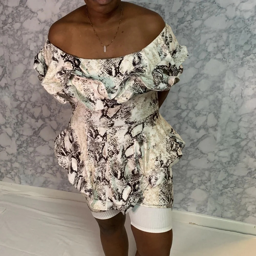 Taste Fashion Snake Print Romper: Size Large, Ruffled Top and Bottom. Trendy